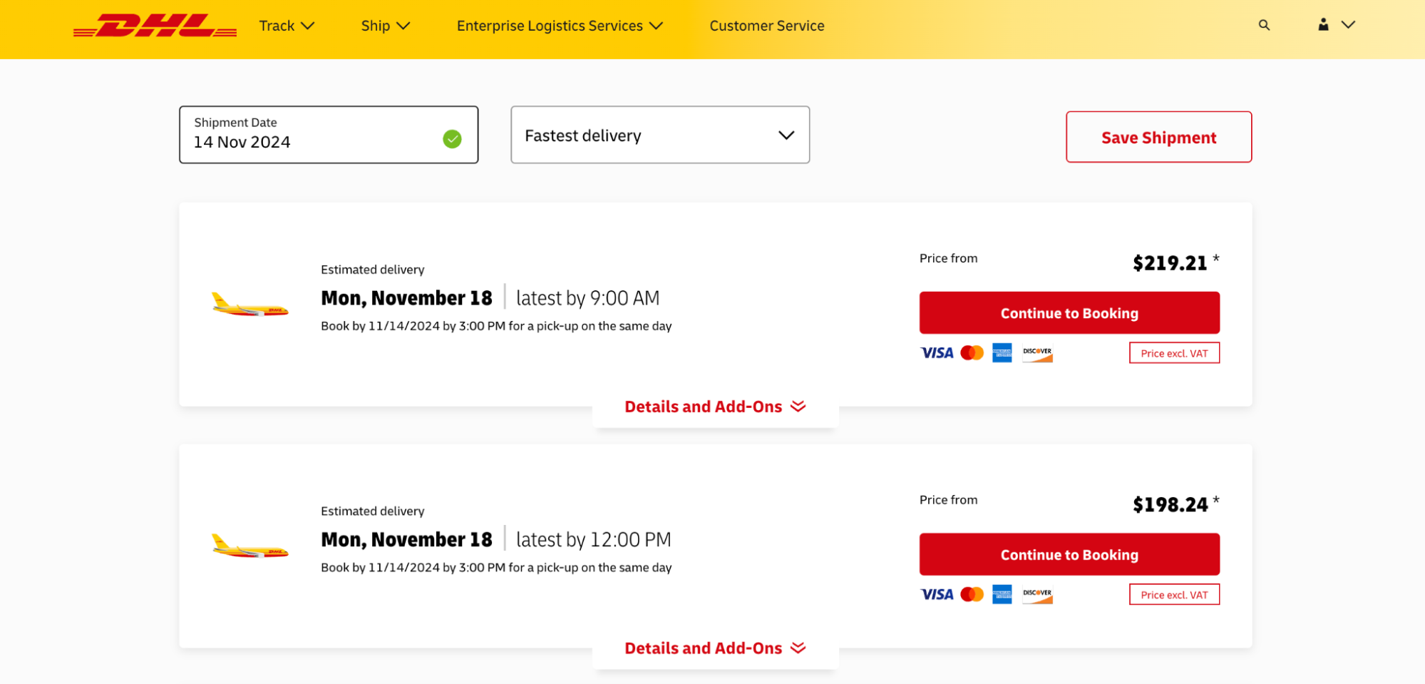 DHL’s shipping options to post a 5lb A4 envelope internationally.