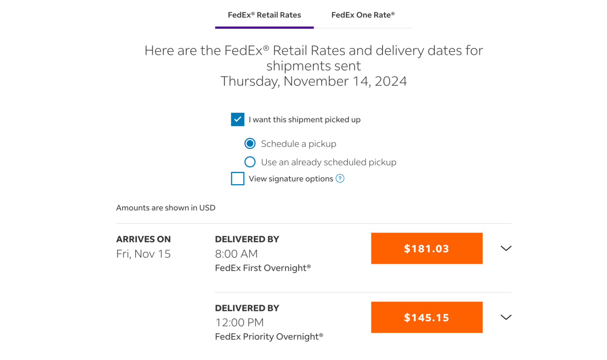 FedEx shipping price breakdown for a small box to be shipped from Los Angeles to Denver.