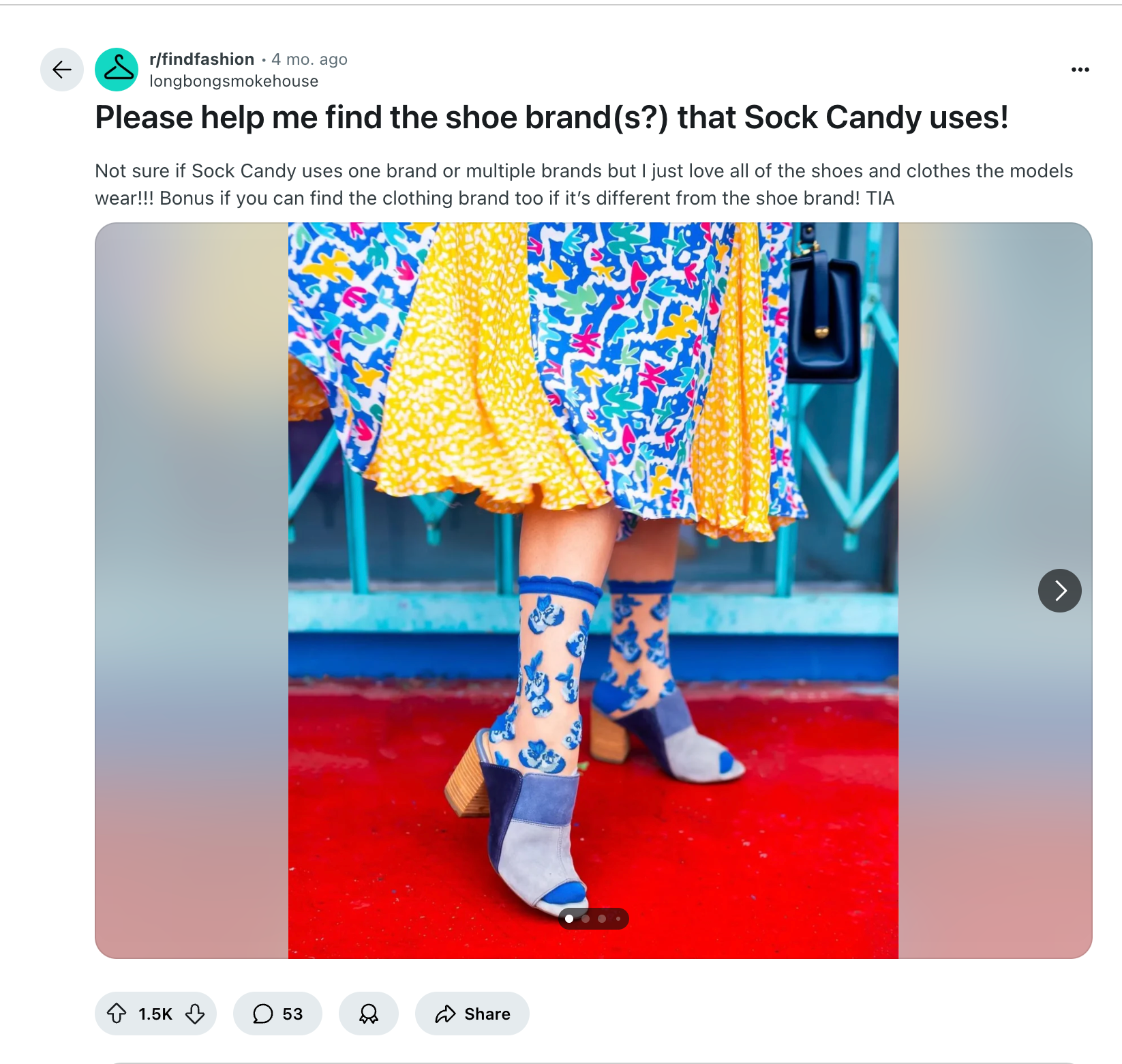 A Reddit post featuring an image of a model wearing sheer blueberry-printed Sock Candy socks with heels.
