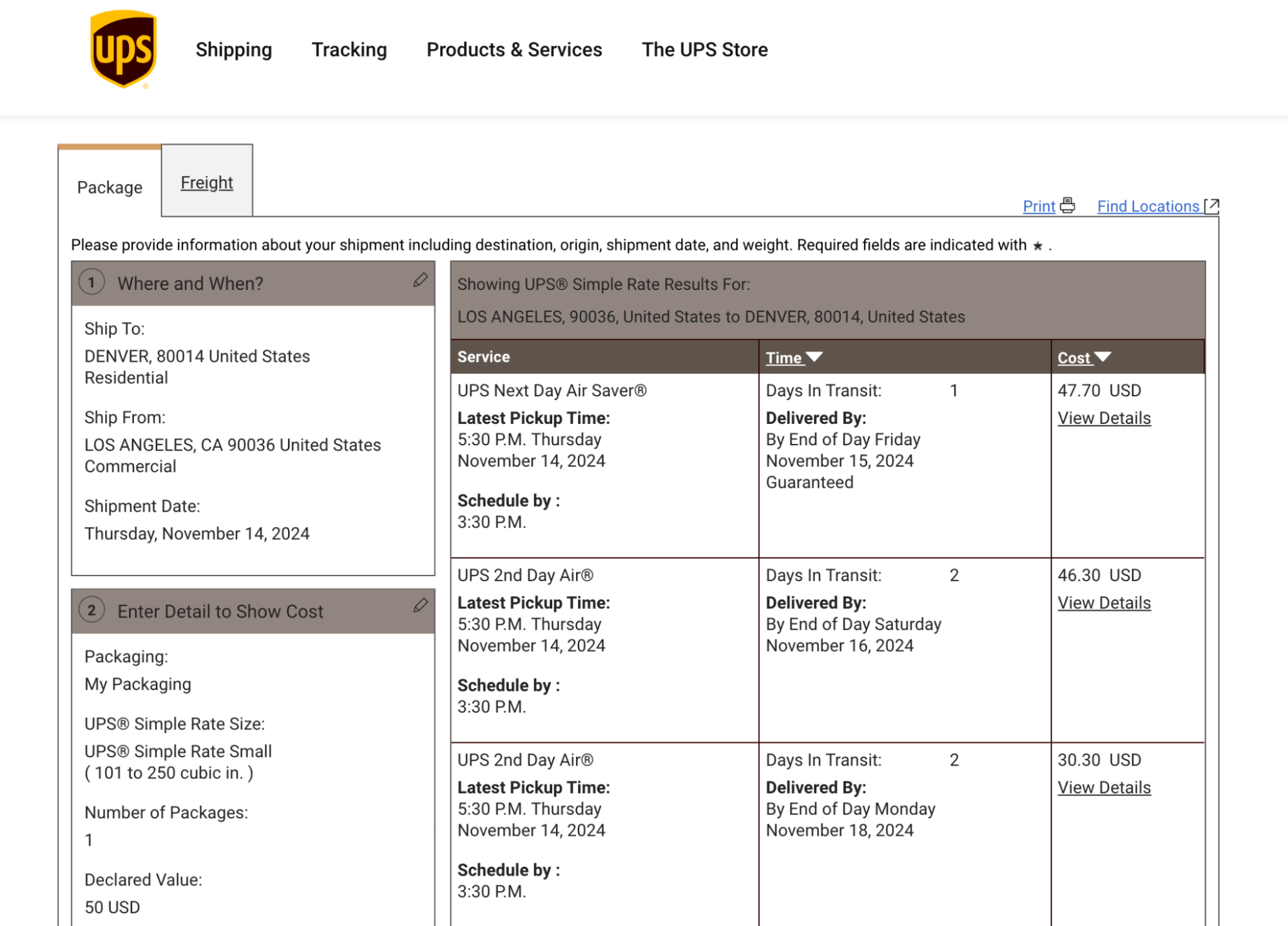 UPS shipping cost breakdown to post a parcel from Los Angeles, CA to Denver, CO.