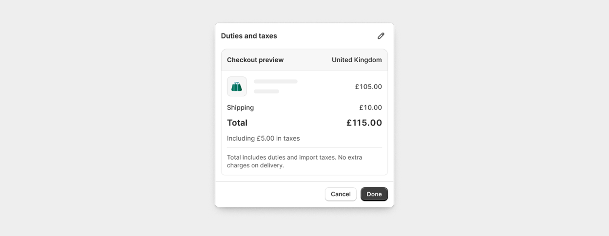 Shopify checkout includes a note explaining that duties and import taxes are included in the retail price