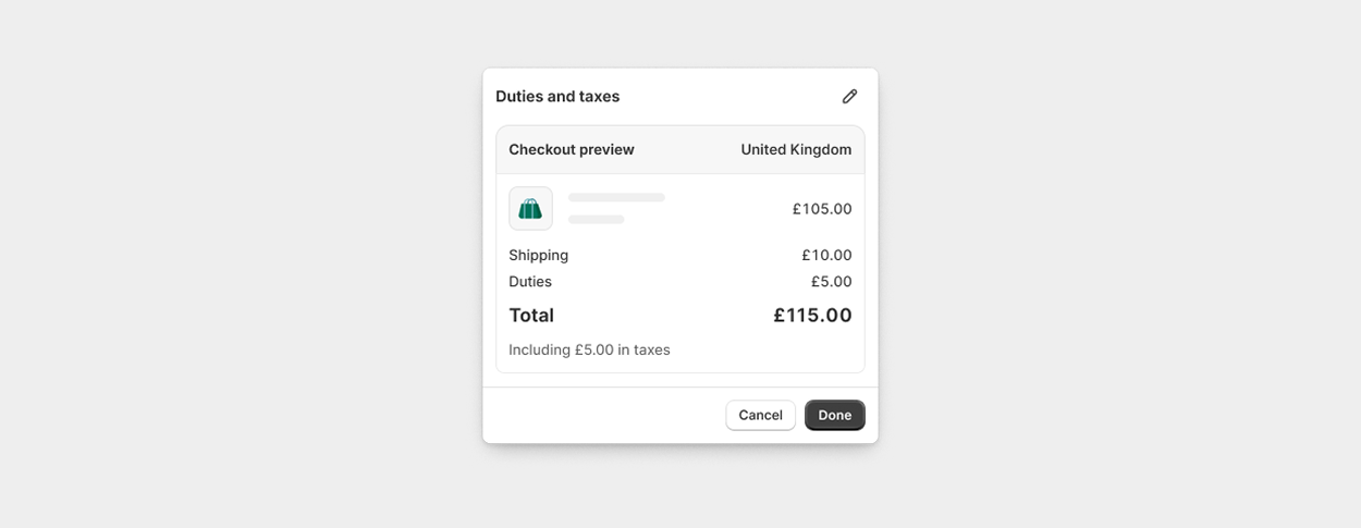 Shopify checkout shows import taxes and duties as a line item