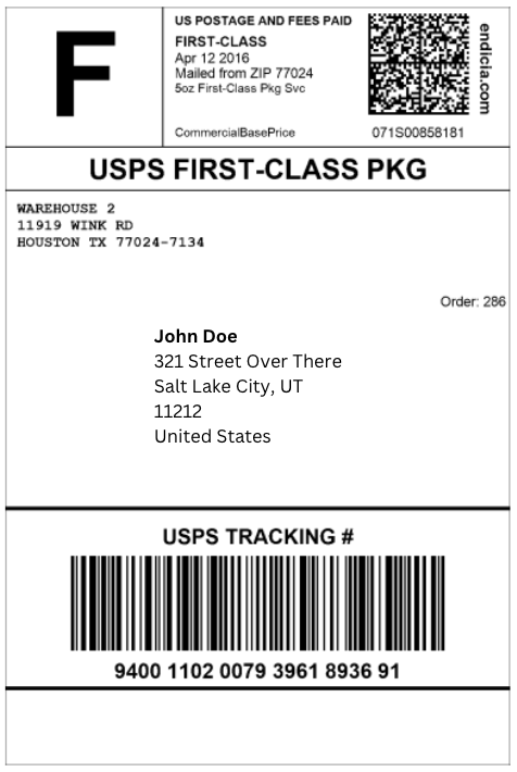 USPS shipping label produced by the carrier. Includes a tracking barcode, addressee, sender, US postage fee, and other necessary info.