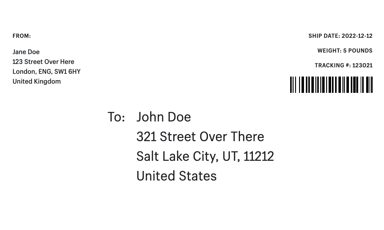 Shopify shipping label with tracing info, addressee, sender, weight, and ship date.