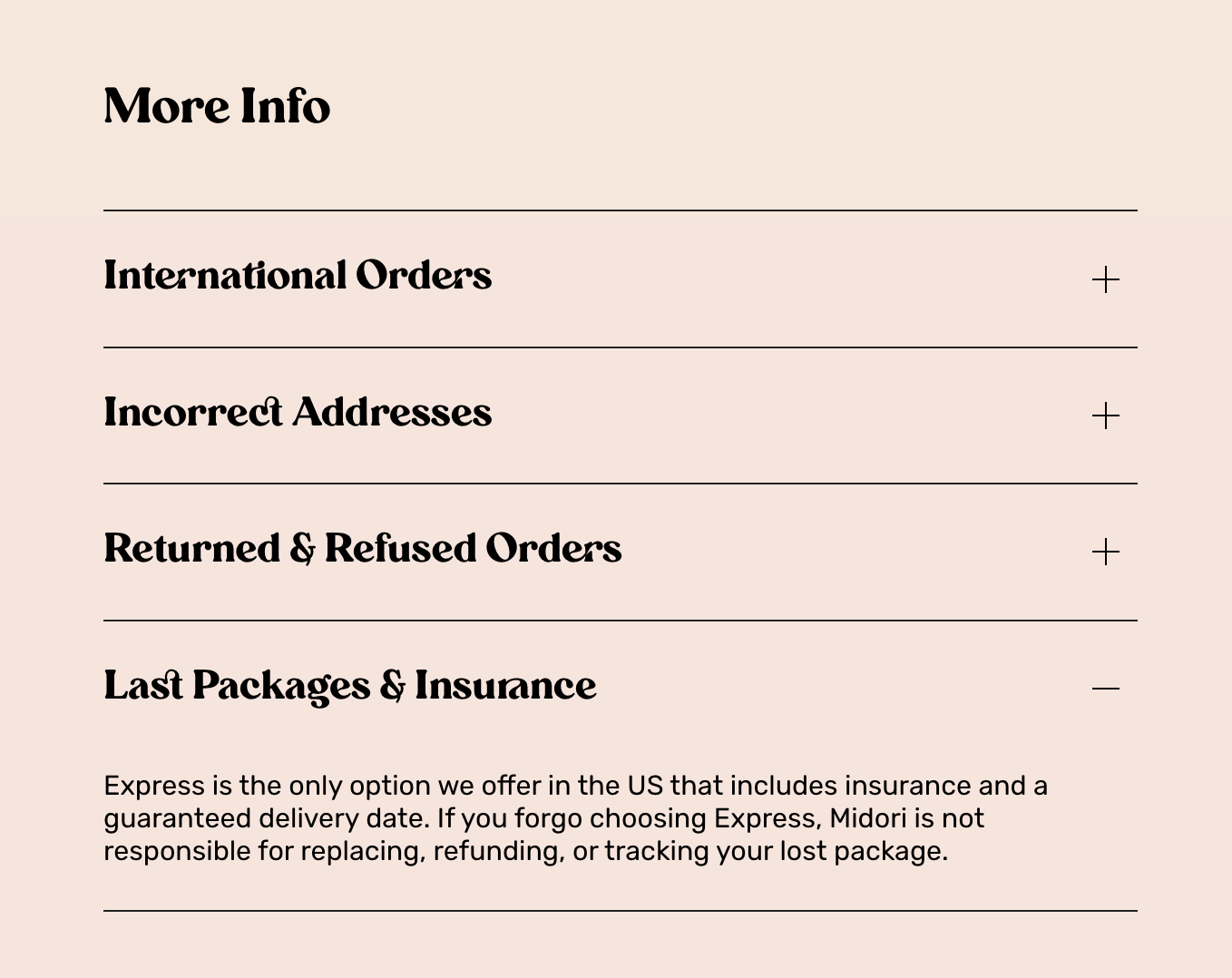 Shipping policy with a section for lost packages and insurance.