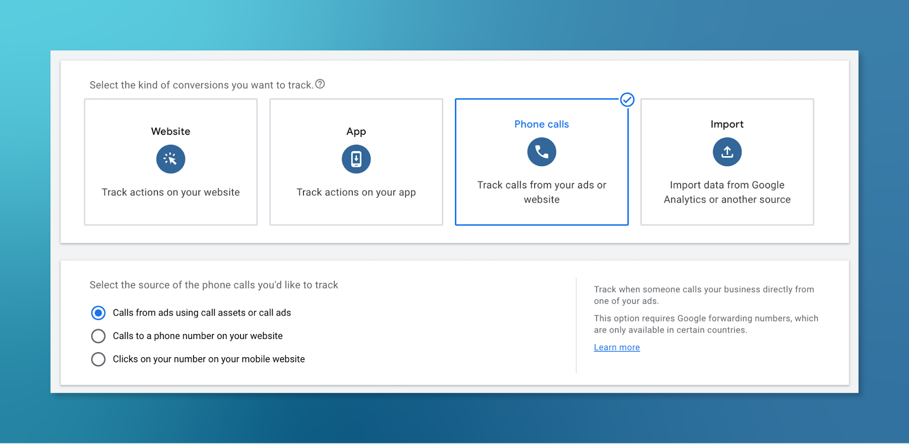 Screenshot of Google Ads dashboard with emphasis on importing data from phone calls