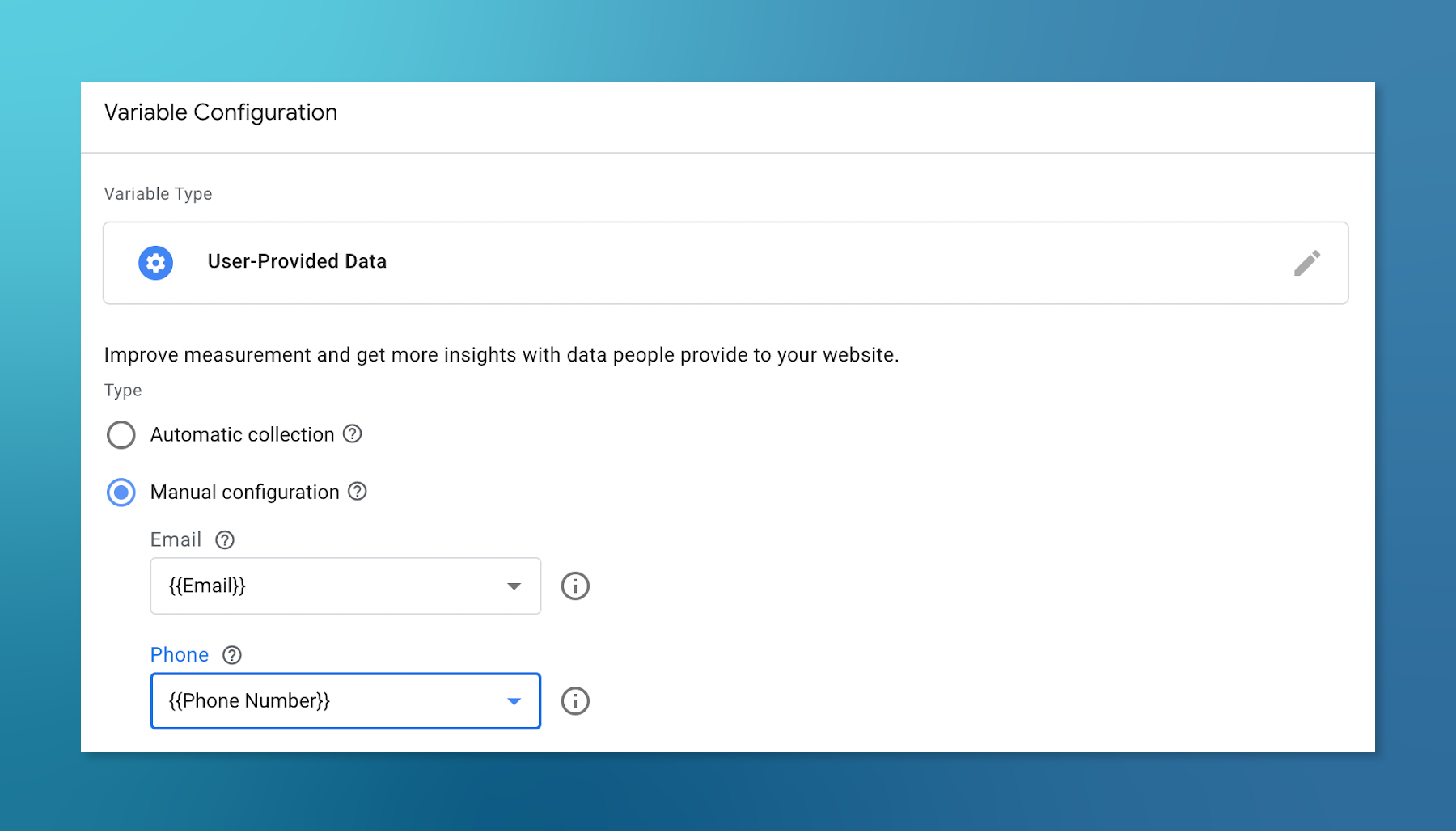 Screenshot of Google Ads dashboard with emphasis on Choose User-Provided Data Variable section