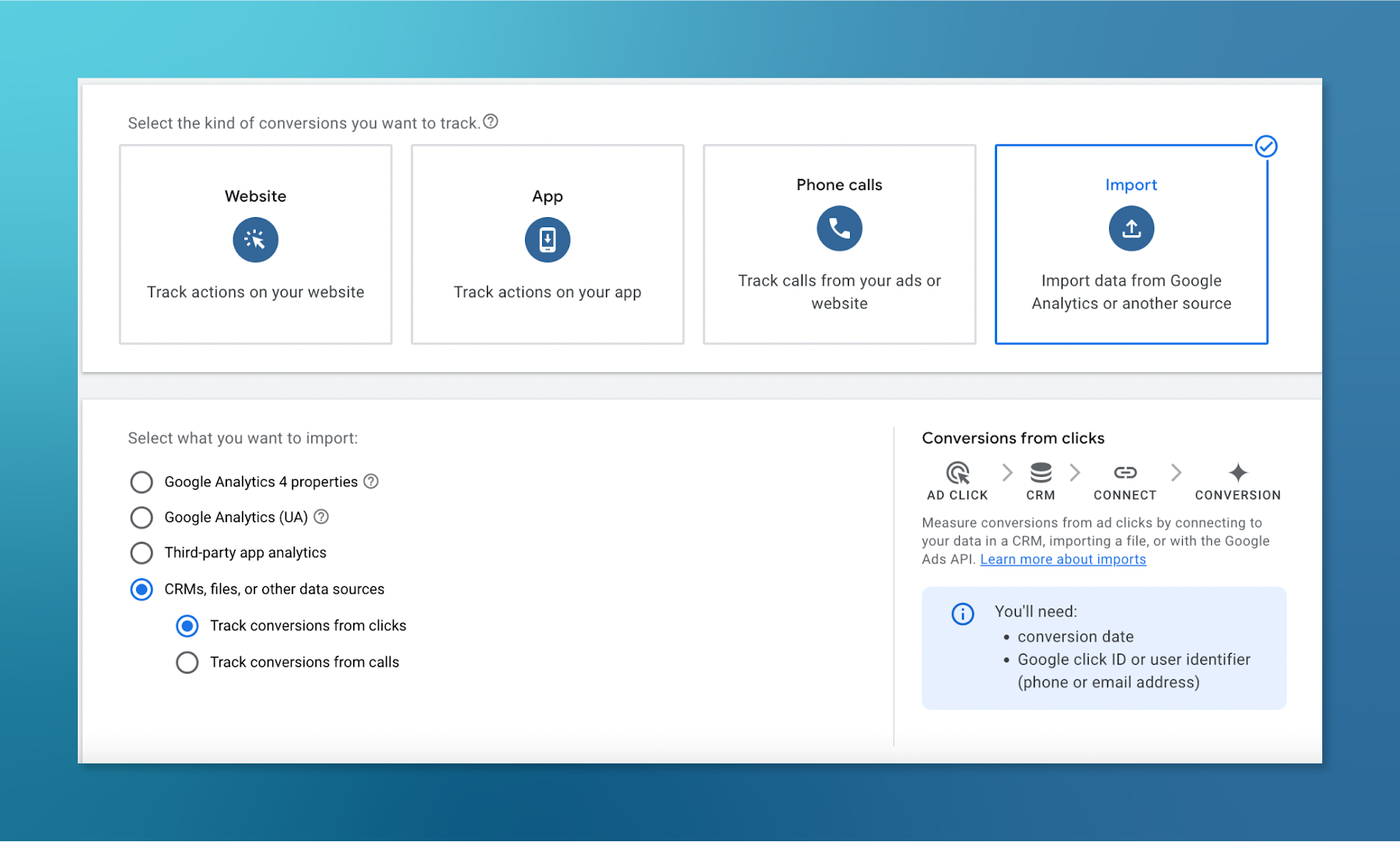 Screenshot of Google Ads dashboard with emphasis on importing CRMs, files, or other data sources
