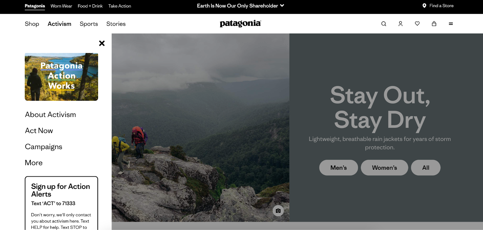Patagonia homepage has a CTA in the nav bar for Activism.