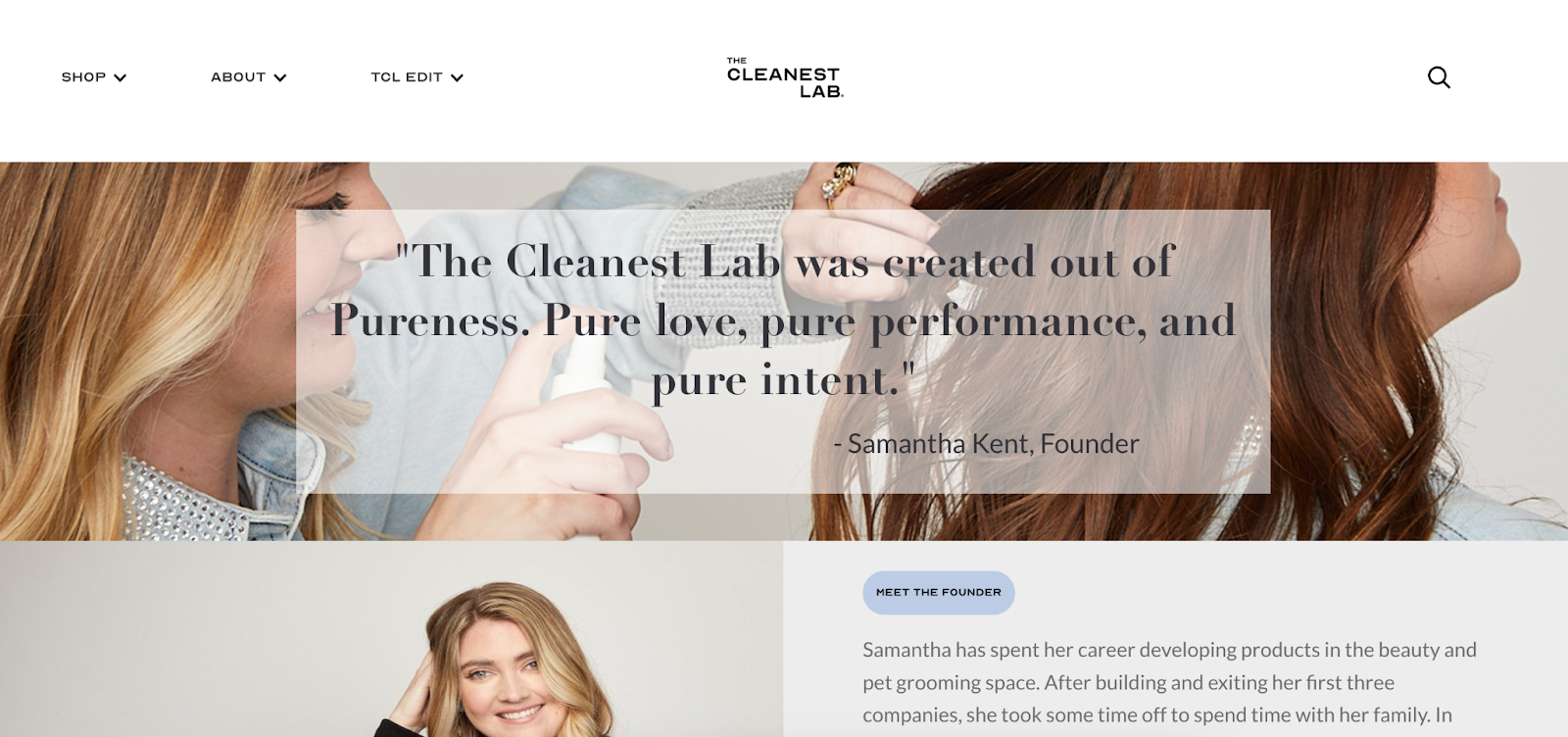 The Cleanest Lab Our Story page reads, “The Cleanest Lab was created out of Pureness.”