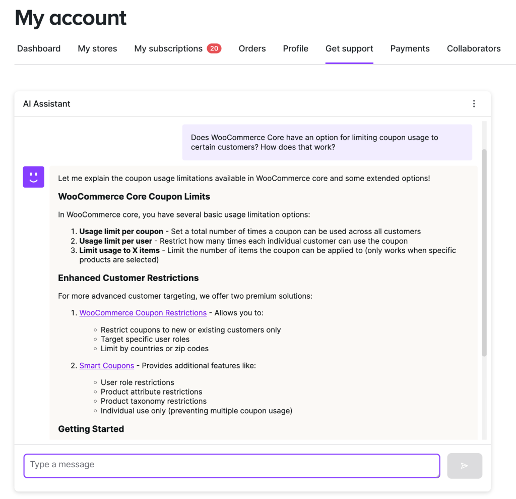 A screenshot of an interaction with the WooCommerce support AI assistant 