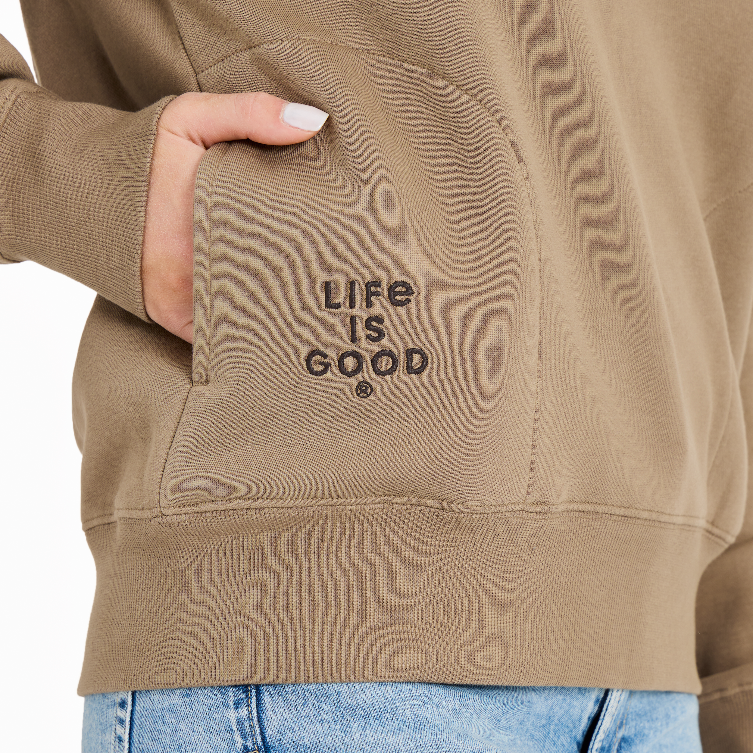 Stitching of brand logo on sweatshirt pocket