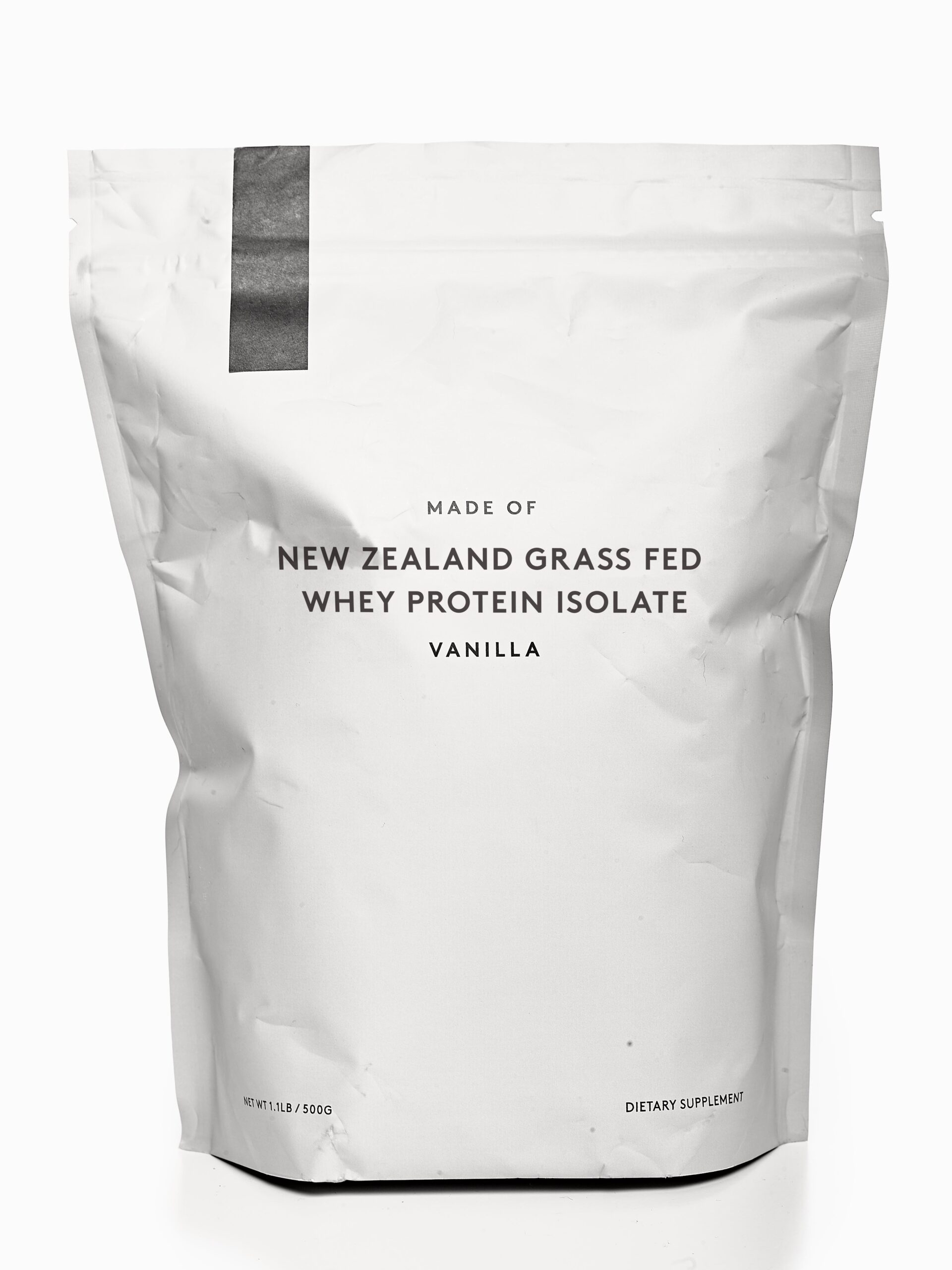 White bag of Made Of New Zealand Grass Fed Whey Protein Isolate in the flavor Vanilla.