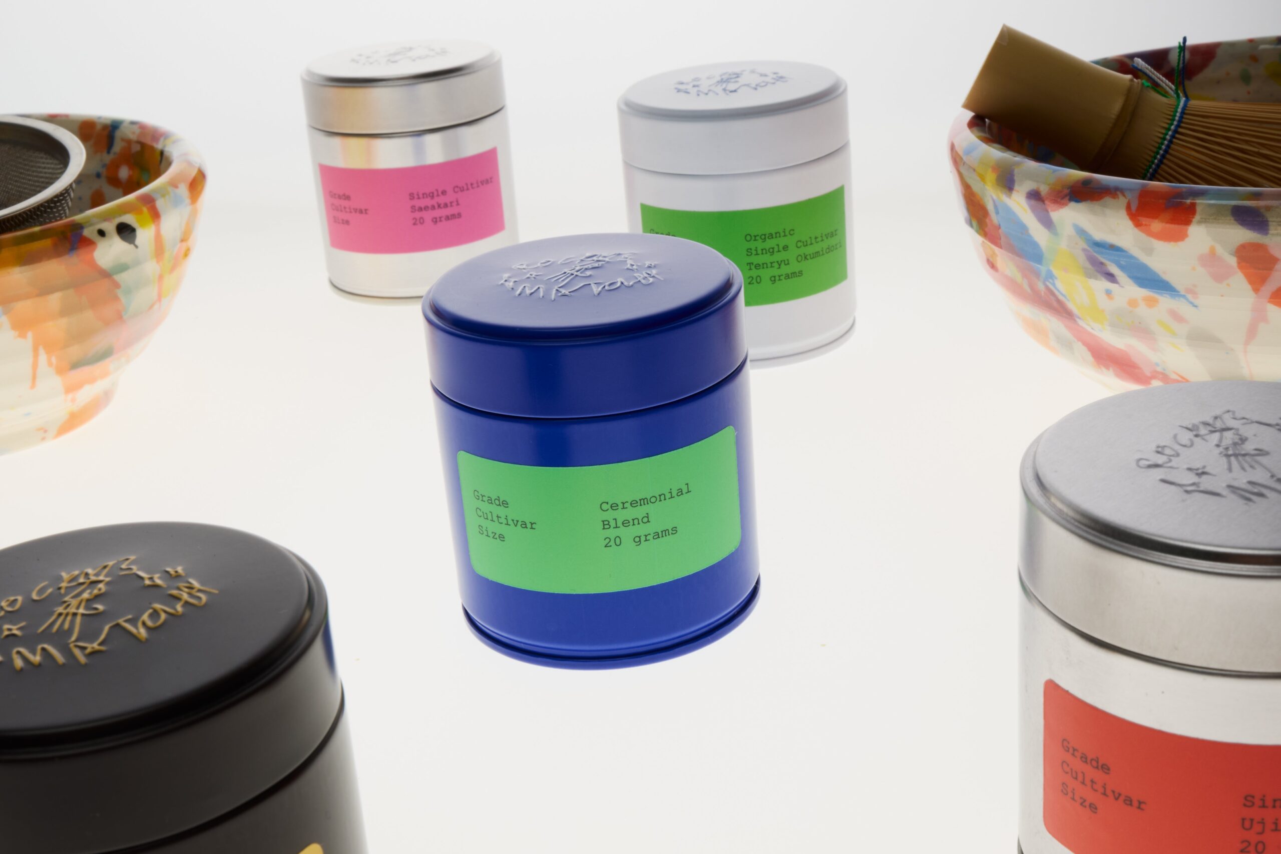 An array of Rocky’s Matcha tins, bowls and whisks.