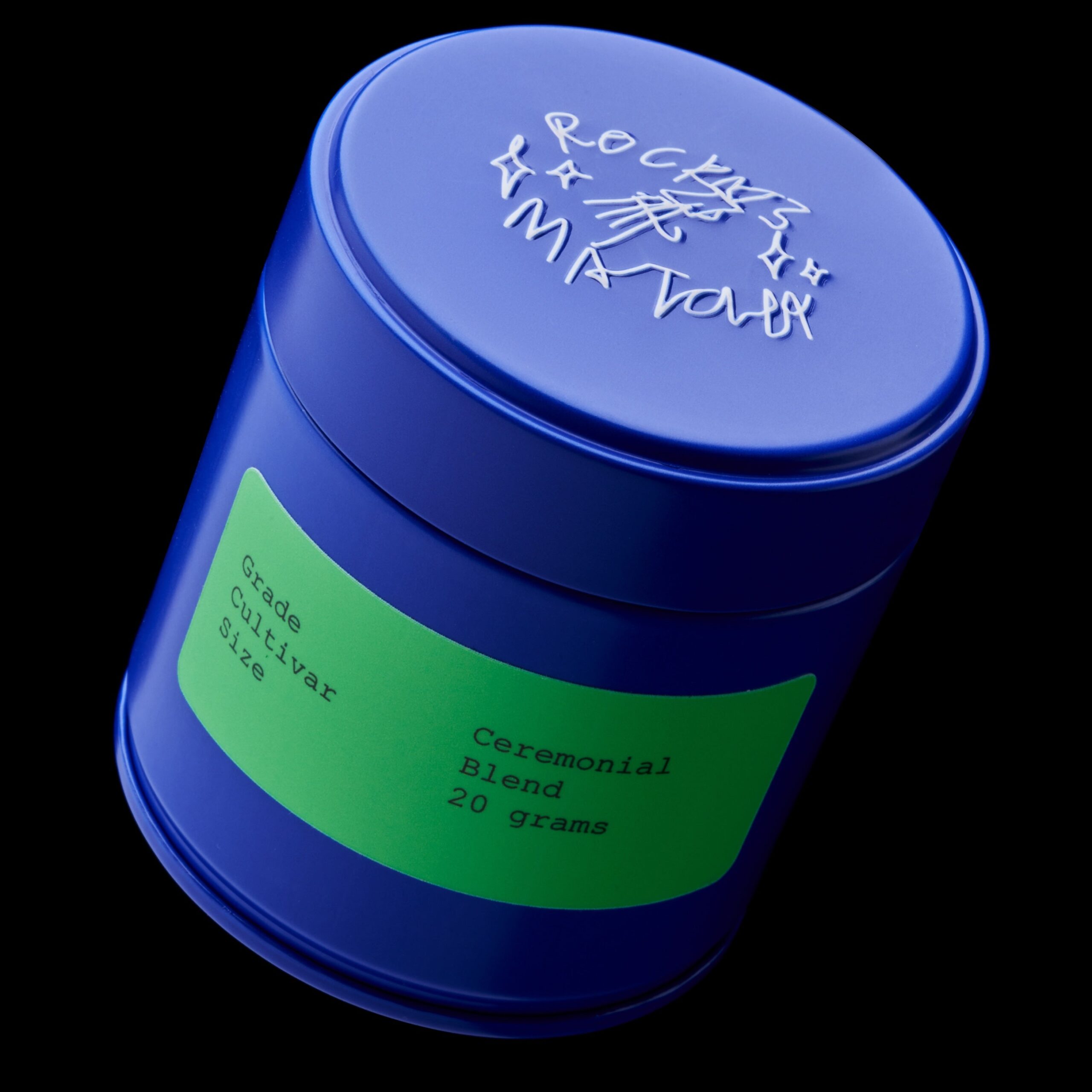 Blue Rocky’s Matcha tin with green label.