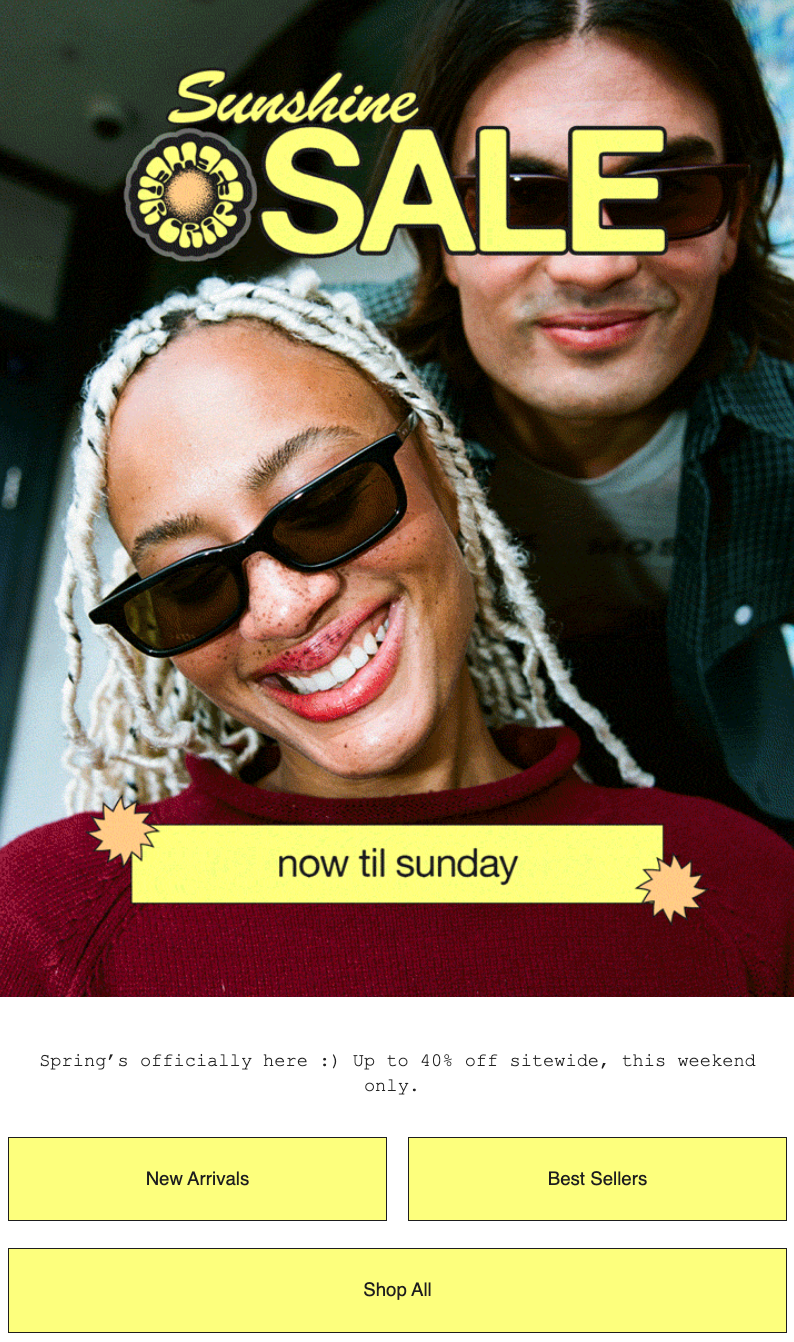 Screenshot of Crap Eyewear announcement email.