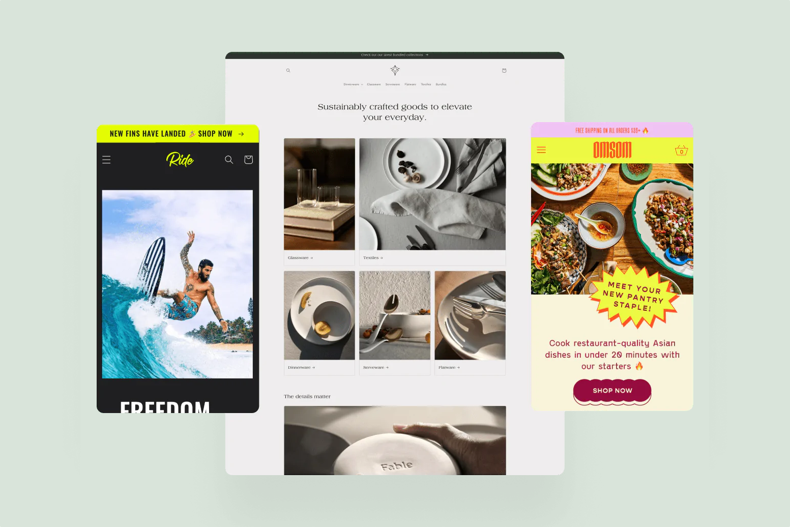 Three examples of ecommerce websites for brands Ride, Fable, and Omsom.