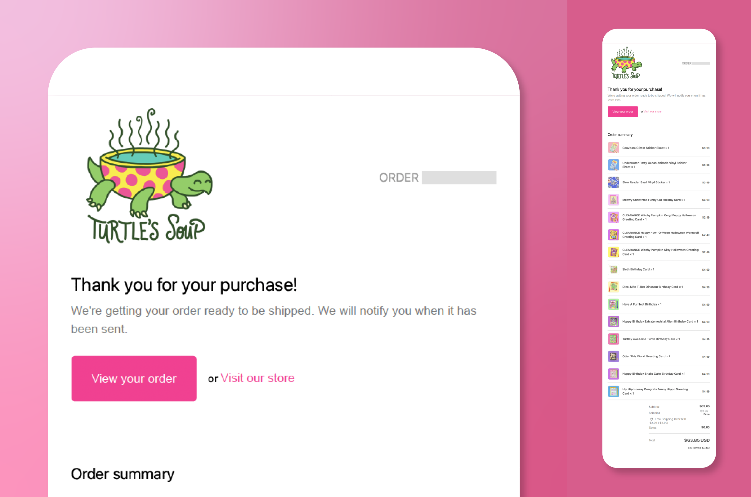 Screenshot of Turtle's Soup order confirmation email.