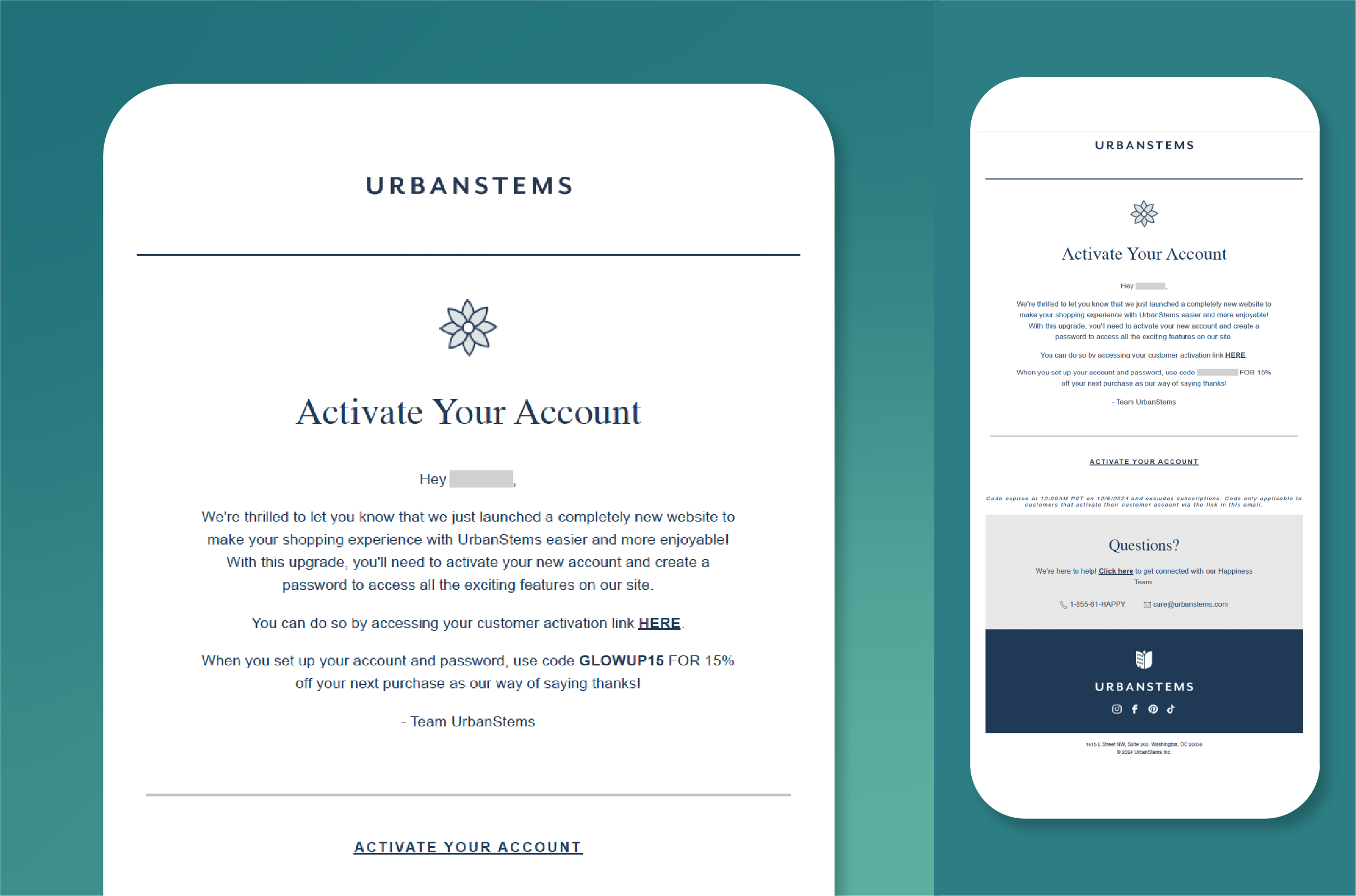 Screenshot of UrbanStems account activation email.