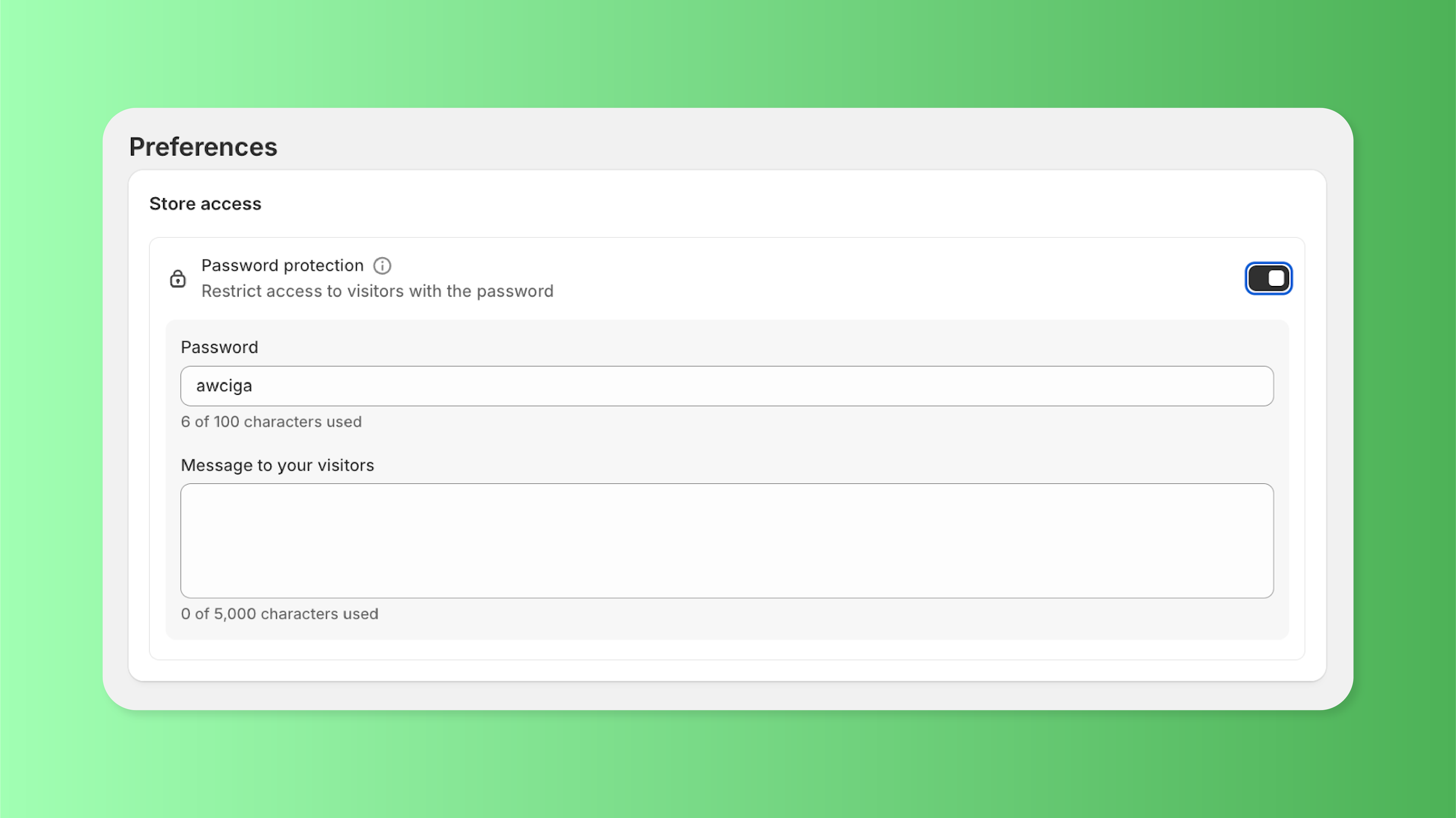 store access preferences section in Shopify admin