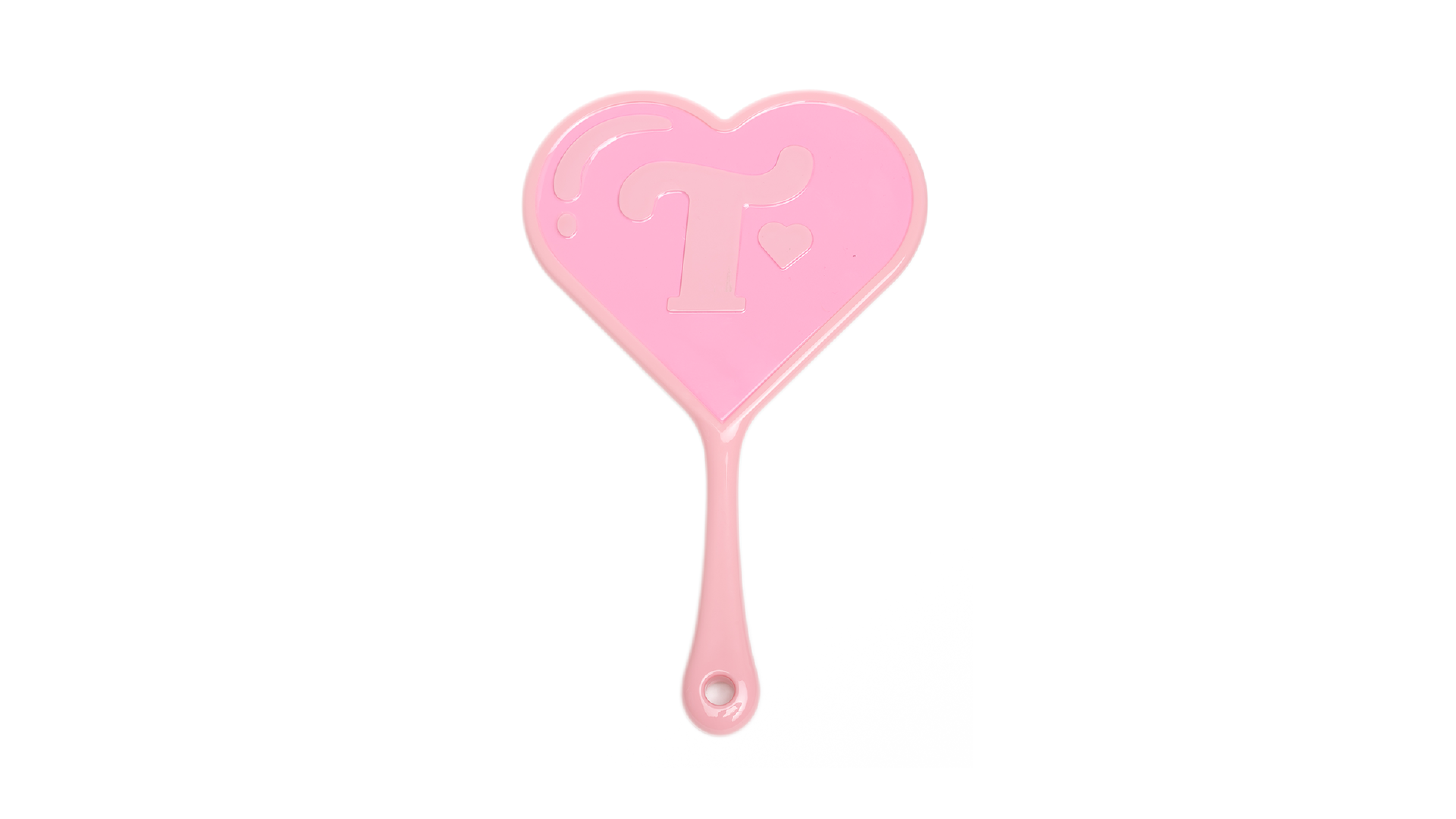 Trixie Cosmetics Pink Hand Mirror with a ‘T’ on the back.