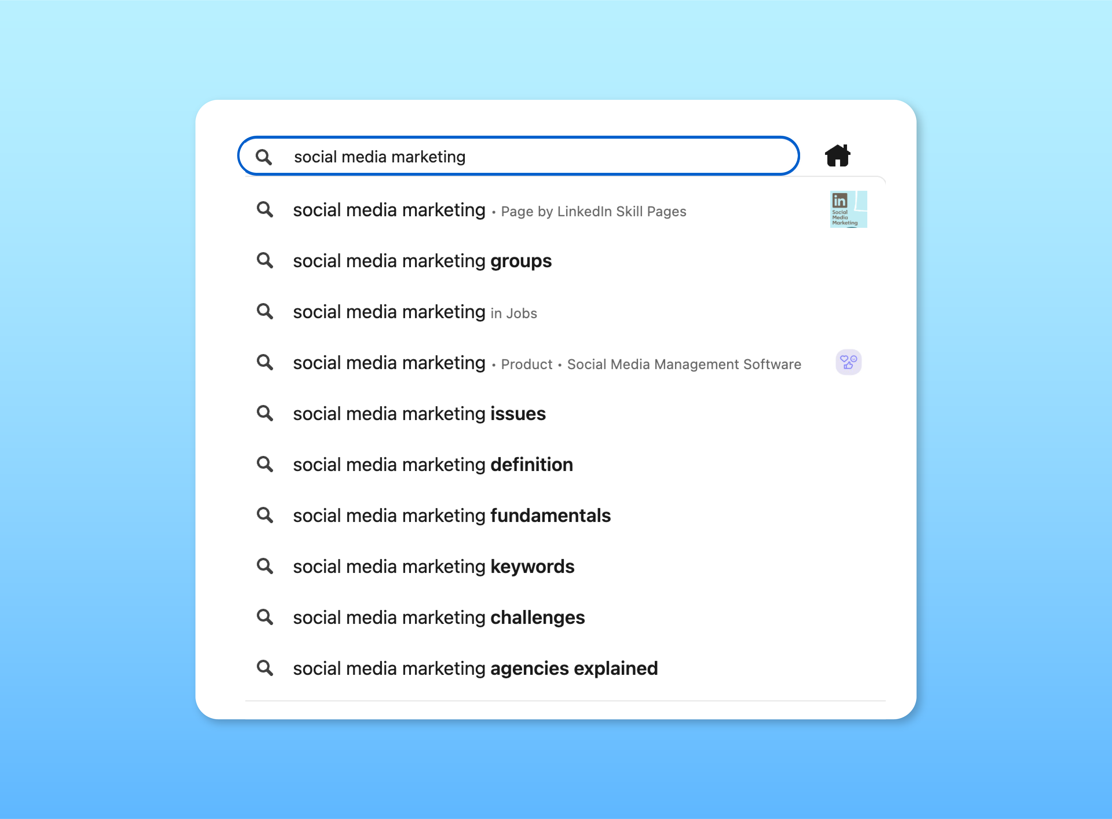 LinkedIn Search Suggest results for search query ‘social media marketing’